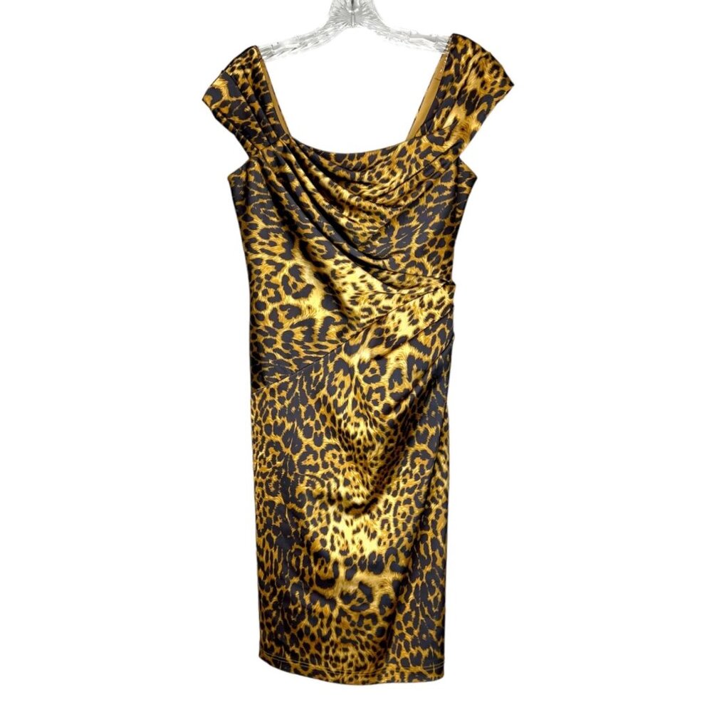 Tadashi Shoji leopard print sheath dress cap sleeve ruched bodycon size 12
